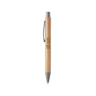 Penna in bambù a sfera con clip metallica refill blu