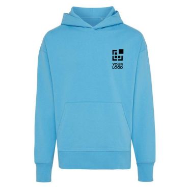 Felpa oversize in eco cotone 340 g/m² Iqoniq Yoho color azzurro ciano vista area di stampa
