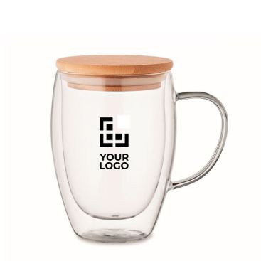 Tazza allungata in vetro a doppia parete con coperchio in bambù 300 ml