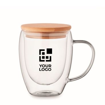 Tazza in vetro a doppia parete con coperchio in bambù da 250 ml vista area di stampa