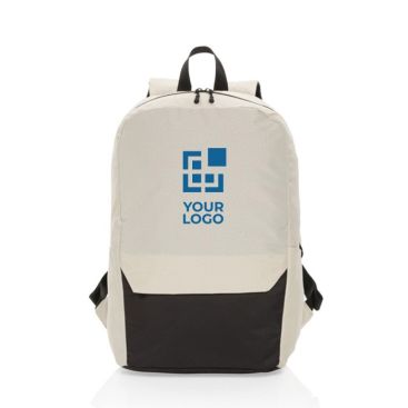 Zaino da viaggio bicolore in rPET con tasca per pc da 15,6” color bianco sporco vista area di stampa