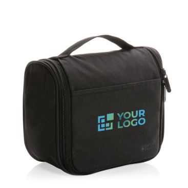 Beauty case da viaggio in rPET con varie tasche interne e gancio color nero vista area di stampa