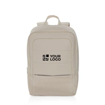 Zaino in rPET con varie tasche ed una imbottita per pc da 15,6” color beige vista area di stampa