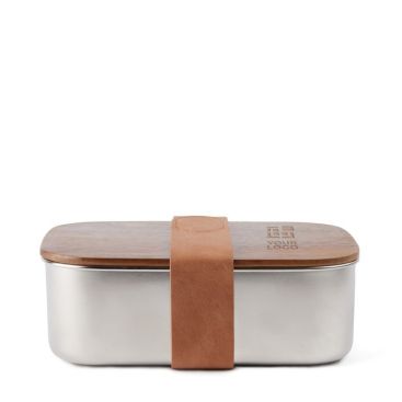 Lunch box in acciaio inox riciclato con coperchio in legno e cinturino