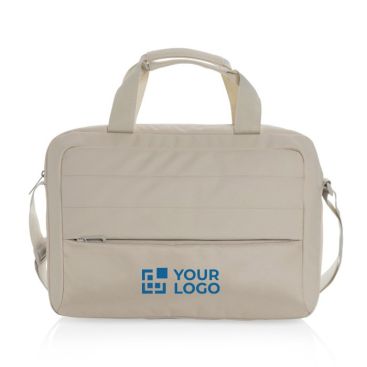 Borsa porta pc da 15,6” con tracolla in rPET con varie tasche color beige vista area di stampa