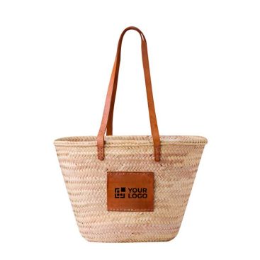 Borsa di paglia dal design chic con manici lunghi e patch in ecopelle