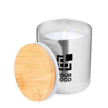 Candela alla vaniglia in barattolino metallico con coperchio in bambù