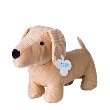 Bassottino di peluche con occhi ricamati neri ed etichetta