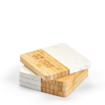 Set di 4 sottobicchieri personalizzabili in bambù e marmo Set di 4 sottobicchieri personalizzabili in bambù e marmo