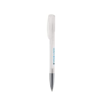 Penna di plastica trasparente con punta in metallo e inchiostro blu color bianco