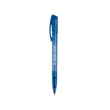 Penna in plastica trasparente colorata, clip ricurvo e inchiostro blu color blu quarta vista