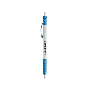 Penna bianca con clip e impugnatura in gomma colorati e inchiostro blu