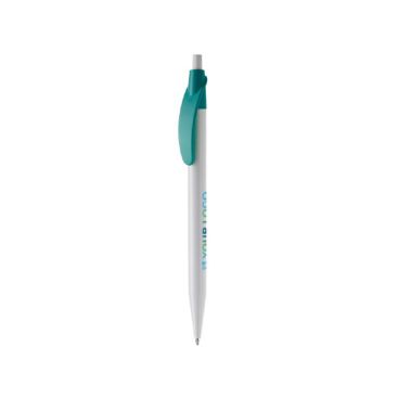 Penna in plastica bianca con clip arcuata colorato e inchiostro blu