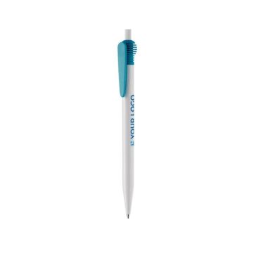 Penna bianca in plastica con originale clip colorata e inchiostro blu