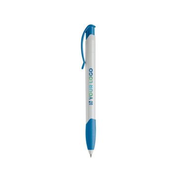 Penna in plastica bianca con clip ad arco colorata e inchiostro blu