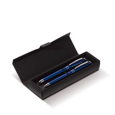 Astuccio con roller con tappo e penna a sfera twist con inchiostro blu