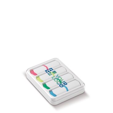Set di 4 mini evidenziatori in scatola con coperchio trasparente color bianco seconda vista