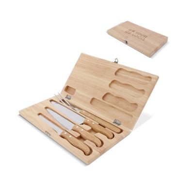 Astuccio in legno con 3 coltelli e forchetta per barbecue