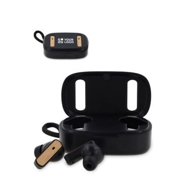 Auricolari wireless in ABS con dettagli in bambù con custodia abbinata vista area di stampa