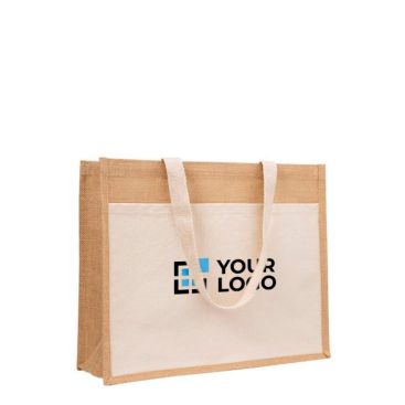 Borsa promozionale in juta con tasca frontale in cotone da 265 g/m² color beige