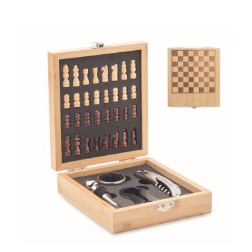 Scatola di bambù che include un mini gioco di scacchi e un set da vino