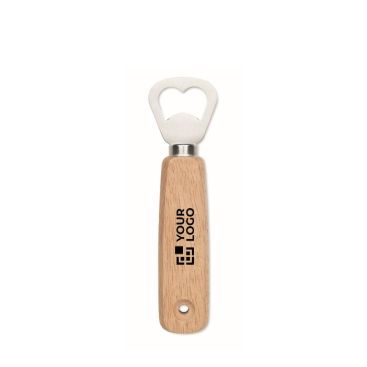 Apribottiglie con logo in legno di caucciù con foro per appenderlo