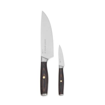 Coltello e spelucchino in acciaio inox riciclato e manico in pakkawood
