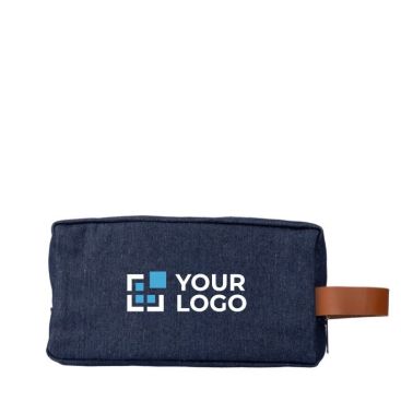 Beauty case in tessuto denim con manico laterale in pelle sintetica
