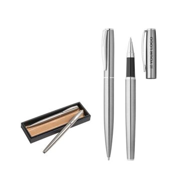 Set con penna a sfera e roller in acciaio inox e inchiostro nero
