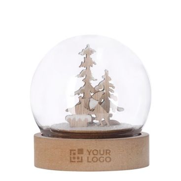 Pallina illuminata con motivo natalizio all'interno e base in legno