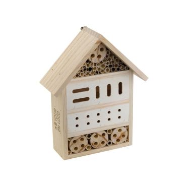 Casetta in legno di pino per insetti con più ingressi e uscite.
