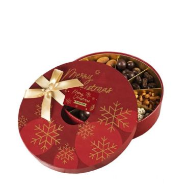 Scatola con 5 tipi di dragée di cioccolato con frutta secca e candita