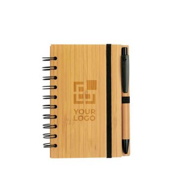 Block notes A6 in bambù con spirale laterale fogli a righe e penna blu