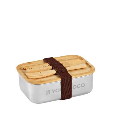 Lunch box in acciaio riciclato con coperchio in bambù e posate 490ml