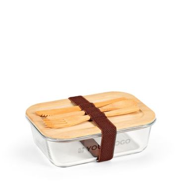 Portapranzo in vetro e bambù con posate e fascia elastica 800ml