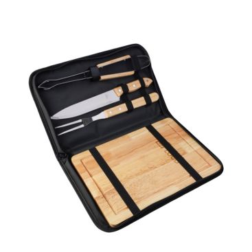 Set per barbecue in acciaio inox con manici in legno