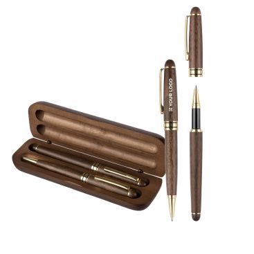 Set da scrittura in legno e ottone con astuccio in legno e inchiostro blu