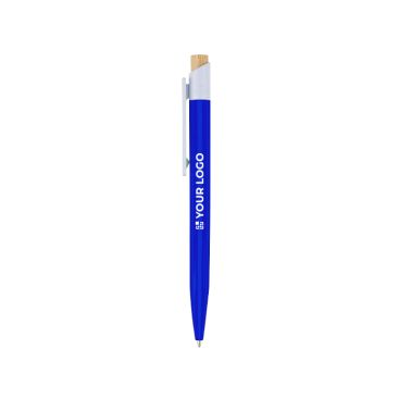 Penna in plastica con pulsante in bambù e clip bianca, inchiostro blu