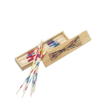 Gioco del mikado in custodia di legno con chiusura scorrevole
