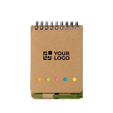 Blocco note in cartone con spirale, penna e fogli a righe