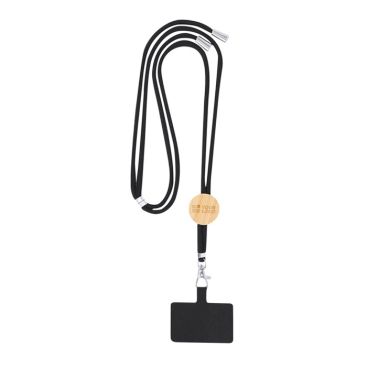Lanyard con accessorio porta cellulare in RPET e dettaglio in bambù