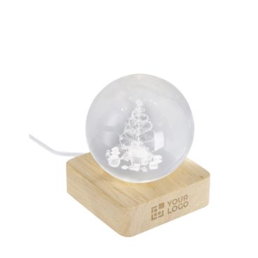 Decorazione natalizia a sfera in vetro con base in legno e luce calda