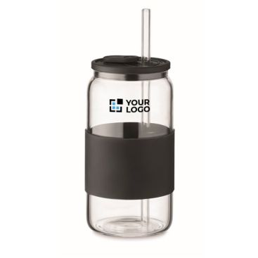 Bicchiere con cannuccia in vetro, tappo e fascia in silicone 550ml