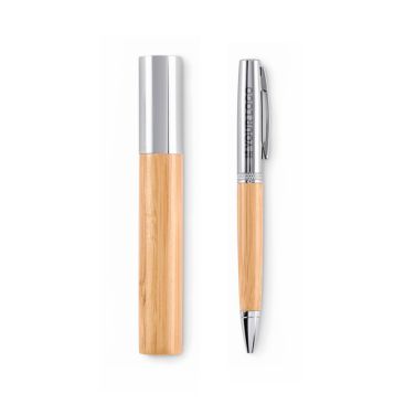 Penna blu in metallo e bambù con astuccio cilindrico coordinato