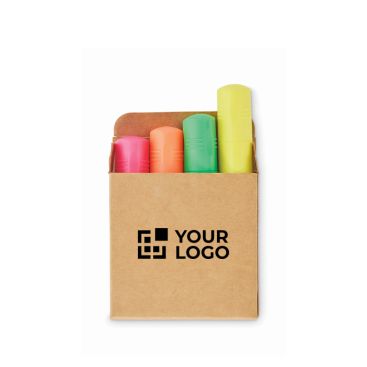 Set di 4 evidenziatori fluorescenti in scatola kraft personalizzabile Set di 4 evidenziatori fluorescenti in scatola kraft personalizzabile