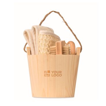 Set da bagno in secchiello di legno con accessori per la cura del corpo