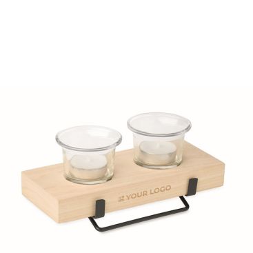 Portacandele decorativo con supporto in legno e ferro per 2 candele