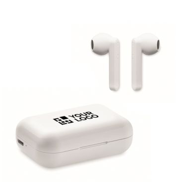 Cuffiette bluetooth TWS con logo in scatolina che le ricarica Cuffiette bluetooth TWS con logo in scatolina che le ricarica