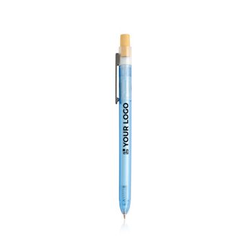 Penna blu in plastica raccolta in zone costiere con pulsante in bambù