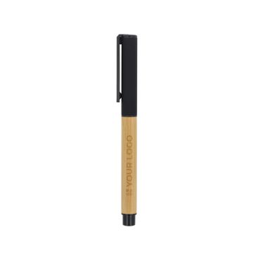 Penna roller in bambù con cappuccio e clip in plastica, inchiostro nero